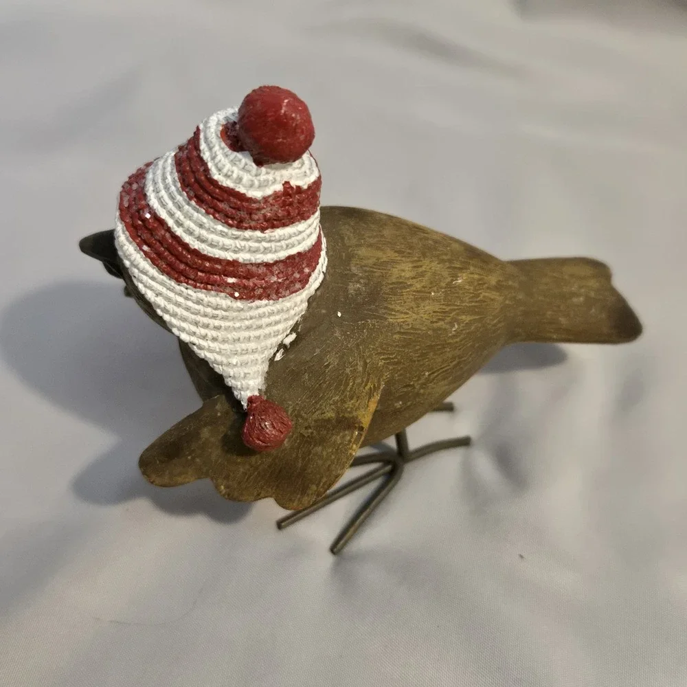 Christmas Bird Figurine Red White Winter Hat Pom Pom Rustic Holiday Decor 4
